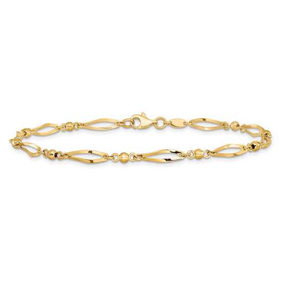 14k Polished Twisted Oval and Mirror Beads 9 inch Anklet