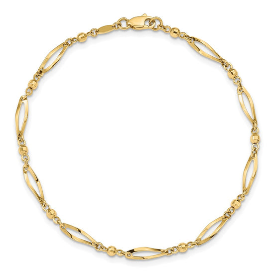 14k Polished Twisted Oval and Mirror Beads 9 inch Anklet