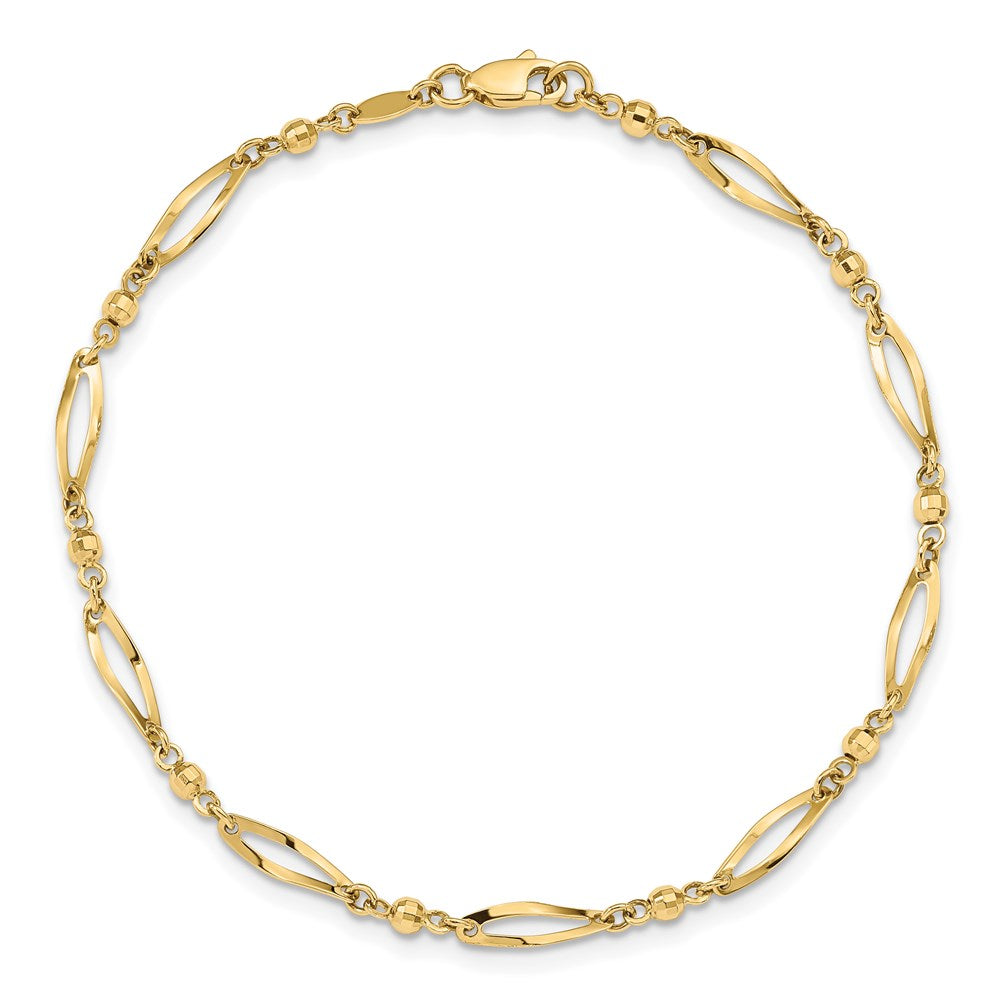 14k Polished Twisted Oval and Mirror Beads 9 inch Anklet