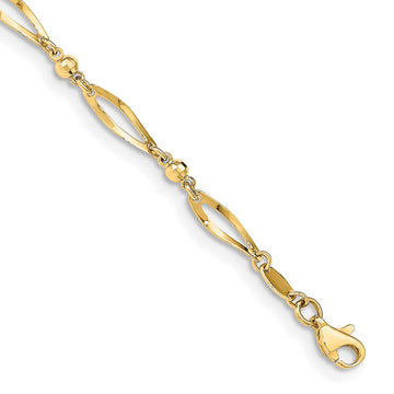 14k Polished Twisted Oval and Mirror Beads 9 inch Anklet