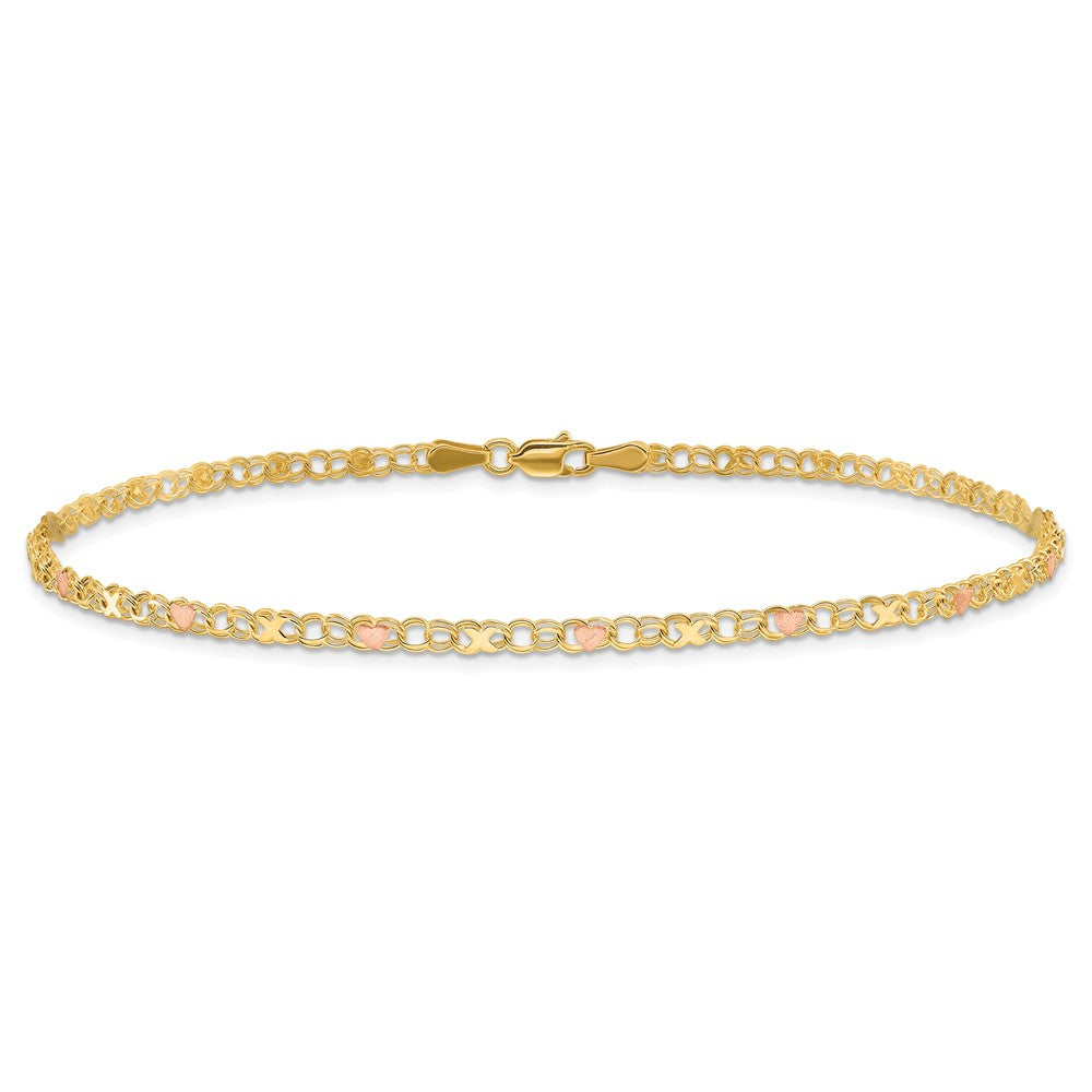 14k Polished and Satin Rose-plated X-and-Heart 10 inch Anklet