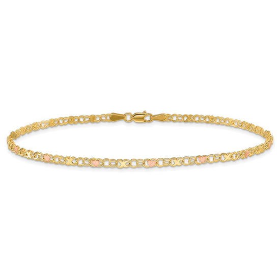 14k Polished and Satin Rose-plated X-and-Heart 10 inch Anklet