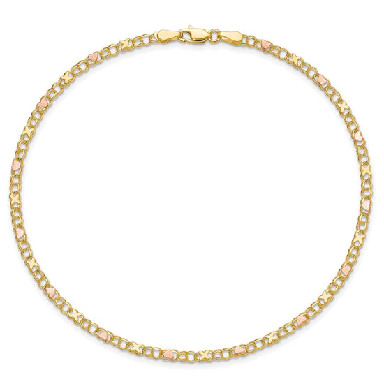14k Polished and Satin Rose-plated X-and-Heart 10 inch Anklet