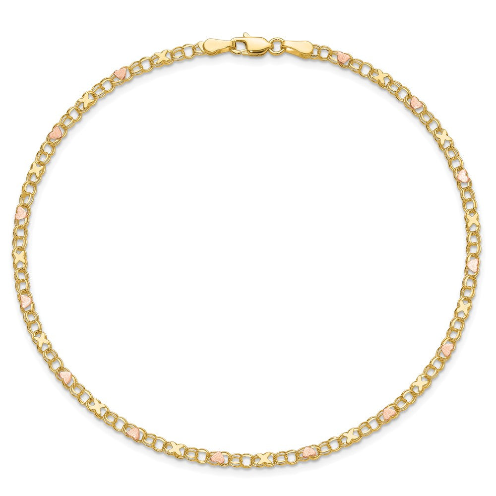 14k Polished and Satin Rose-plated X-and-Heart 10 inch Anklet
