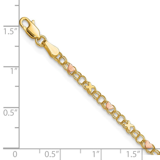 14k Polished and Satin Rose-plated X-and-Heart 10 inch Anklet
