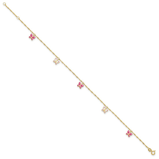 14k Pink and White Enameled Butterfly Dangles 9 inch Plus 1 inch Extender Total 10 inch Anklet