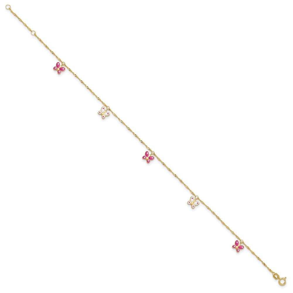 14k Pink and White Enameled Butterfly Dangles 9 inch Plus 1 inch Extender Total 10 inch Anklet