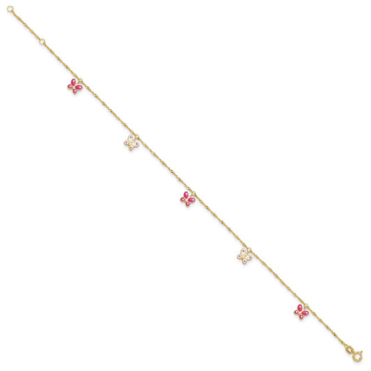 14k Pink and White Enameled Butterfly Dangles 9 inch Plus 1 inch Extender Total 10 inch Anklet