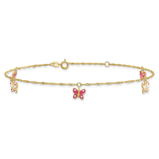 14k Pink and White Enameled Butterfly Dangles 9 inch Plus 1 inch Extender Total 10 inch Anklet