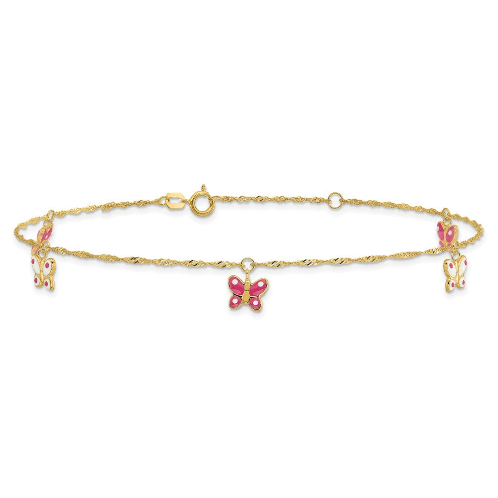 14k Pink and White Enameled Butterfly Dangles 9 inch Plus 1 inch Extender Total 10 inch Anklet