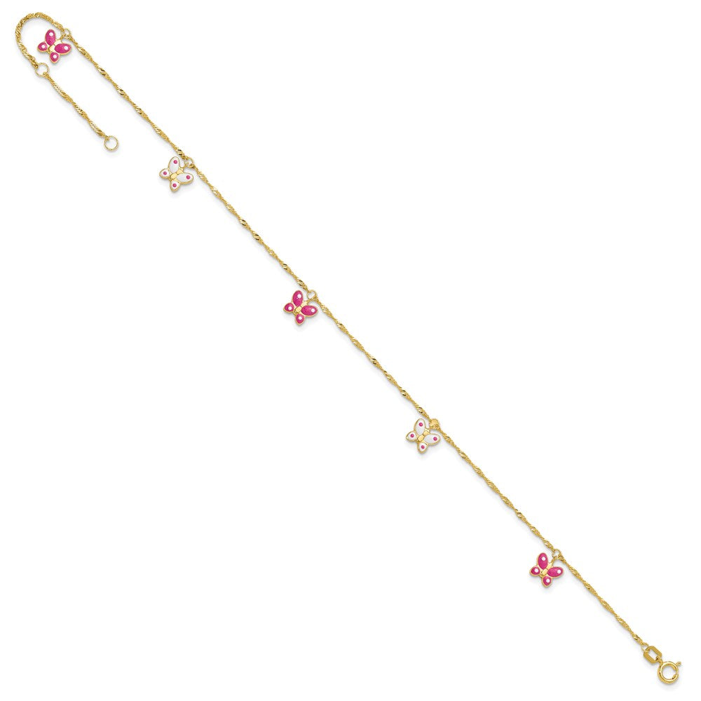 14k Pink and White Enameled Butterfly Dangles 9 inch Plus 1 inch Extender Total 10 inch Anklet