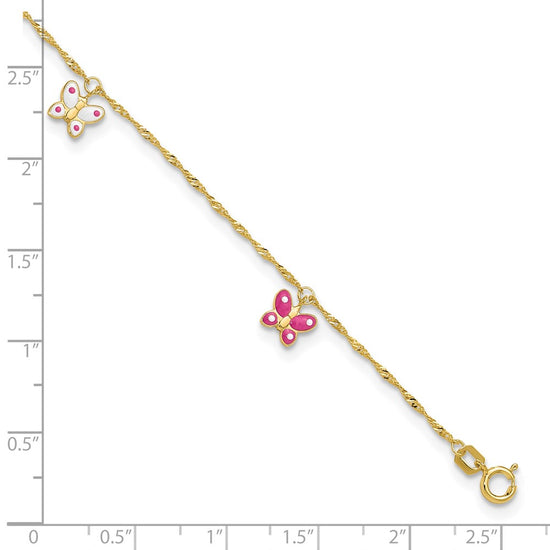 14k Pink and White Enameled Butterfly Dangles 9 inch Plus 1 inch Extender Total 10 inch Anklet