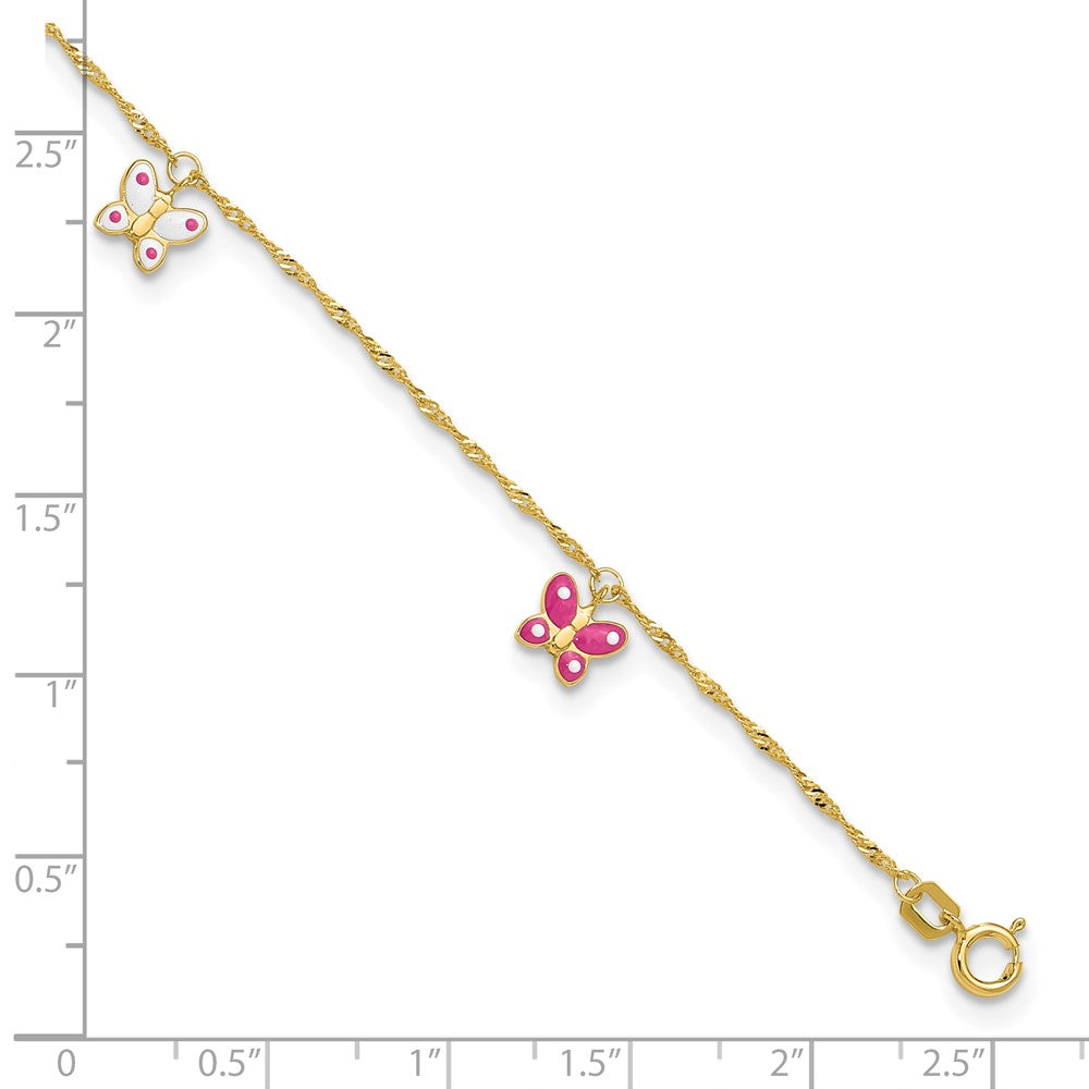 14k Pink and White Enameled Butterfly Dangles 9 inch Plus 1 inch Extender Total 10 inch Anklet