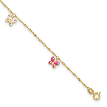 14k Pink and White Enameled Butterfly Dangles 9 inch Plus 1 inch Extender Total 10 inch Anklet