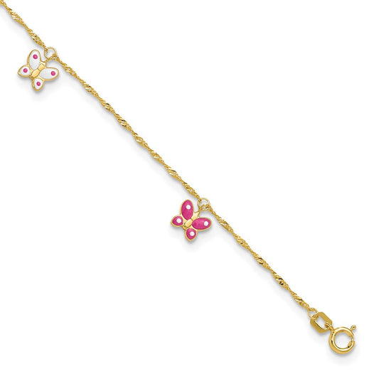 14k Pink and White Enameled Butterfly Dangles 9 inch Plus 1 inch Extender Total 10 inch Anklet
