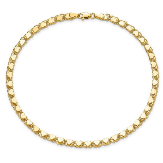 14k Polished Double-Sided Hearts Double Link 10 inch Anklet