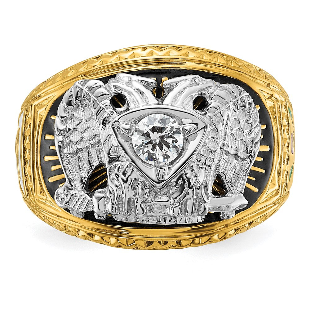 14k Two-tone Men's Polished and Textured with Multi-color Enamel and Diamond 32nd Degree Scottish Rite Masonic Ring
