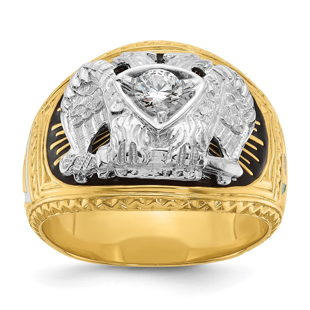 14k Two-tone Men's Polished and Textured with Multi-color Enamel and Diamond 32nd Degree Scottish Rite Masonic Ring