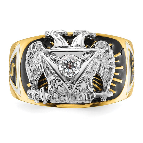 14k Two-tone Men's Polished and Textured with Multi-color Enamel and Diamond 32nd Degree Scottish Rite Masonic Ring