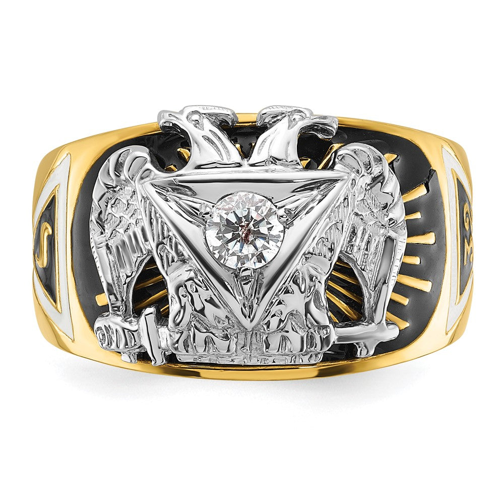 14k Two-tone Men's Polished and Textured with Multi-color Enamel and Diamond 32nd Degree Scottish Rite Masonic Ring