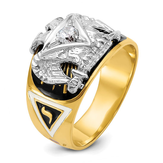 14k Two-tone Men's Polished and Textured with Multi-color Enamel and Diamond 32nd Degree Scottish Rite Masonic Ring