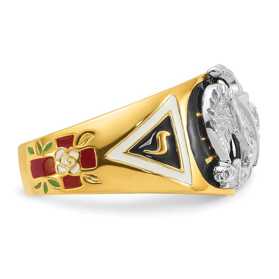 14k Two-tone Men's Polished and Textured with Multi-color Enamel and Diamond 32nd Degree Scottish Rite Masonic Ring