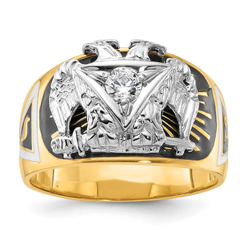 14k Two-tone Men's Polished and Textured with Multi-color Enamel and Diamond 32nd Degree Scottish Rite Masonic Ring