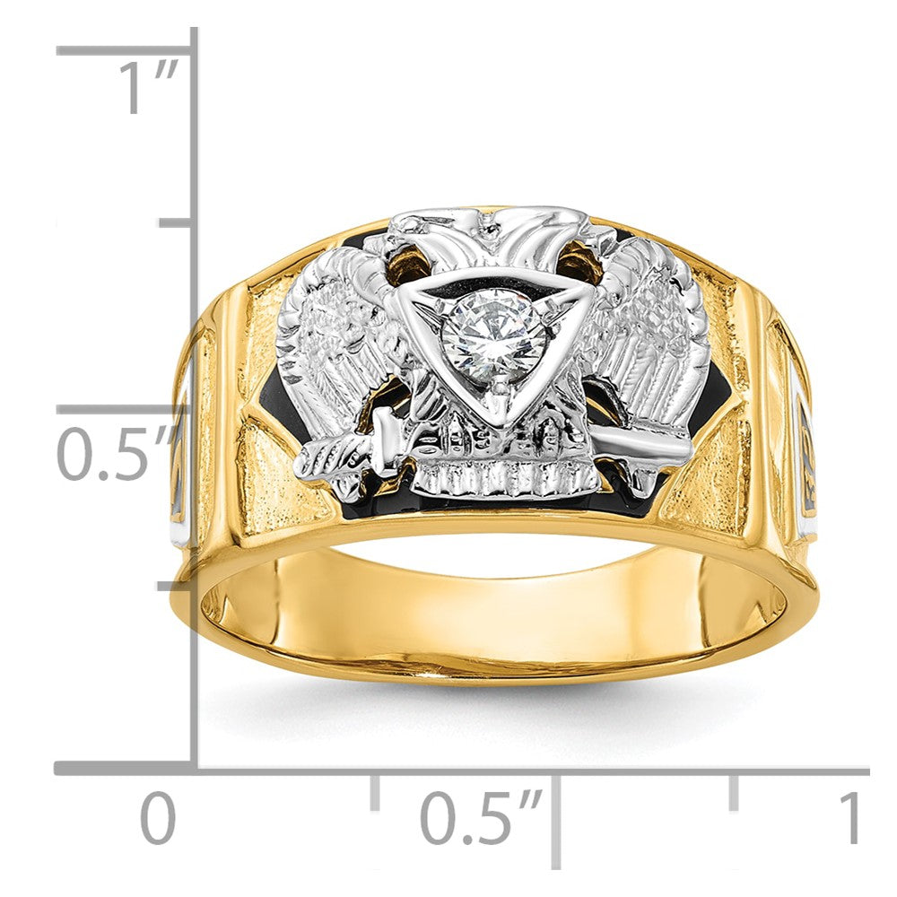 14k Two-tone Men's Polished and Textured with Multi-color Enamel and Diamond 32nd Degree Scottish Rite Masonic Ring