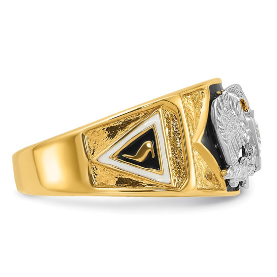 14k Two-tone Men's Polished and Textured with Multi-color Enamel and Diamond 32nd Degree Scottish Rite Masonic Ring