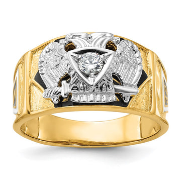 14k Two-tone Men's Polished and Textured with Multi-color Enamel and Diamond 32nd Degree Scottish Rite Masonic Ring