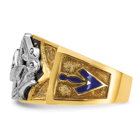 14k Two-tone Men's Polished and Textured with Blue and Black Enamel Diamond Blue Lodge Master Masonic Ring