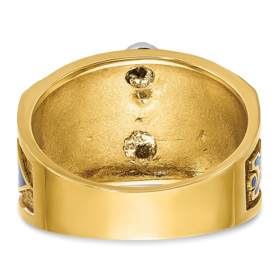 14k Two-tone Men's Polished and Textured with Blue and Black Enamel Diamond Blue Lodge Master Masonic Ring