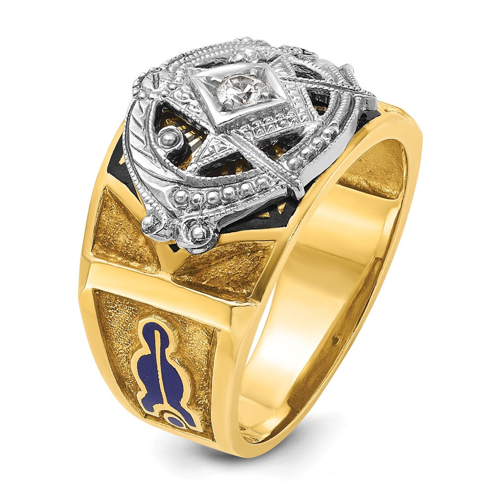 14k Two-tone Men's Polished and Textured with Blue and Black Enamel Diamond Blue Lodge Master Masonic Ring