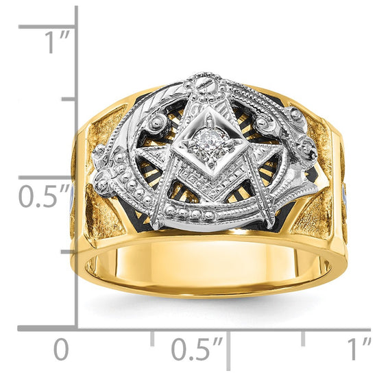 14k Two-tone Men's Polished and Textured with Blue and Black Enamel Diamond Blue Lodge Master Masonic Ring