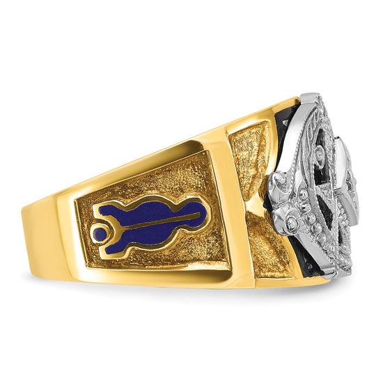14k Two-tone Men's Polished and Textured with Blue and Black Enamel Diamond Blue Lodge Master Masonic Ring
