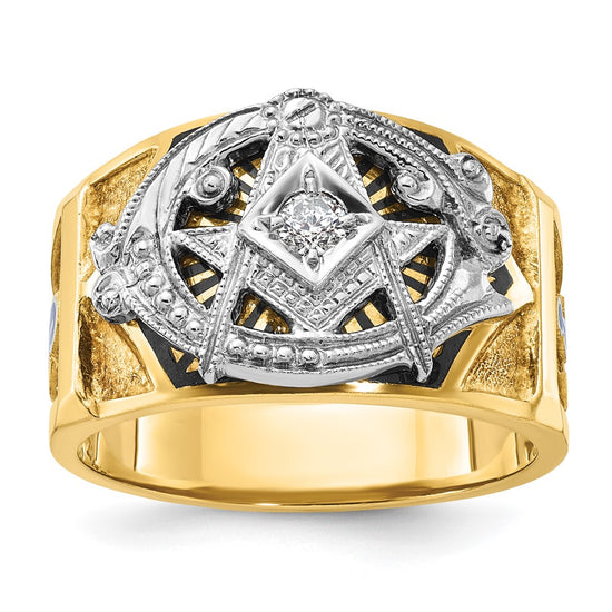 14k Two-tone Men's Polished and Textured with Blue and Black Enamel Diamond Blue Lodge Master Masonic Ring