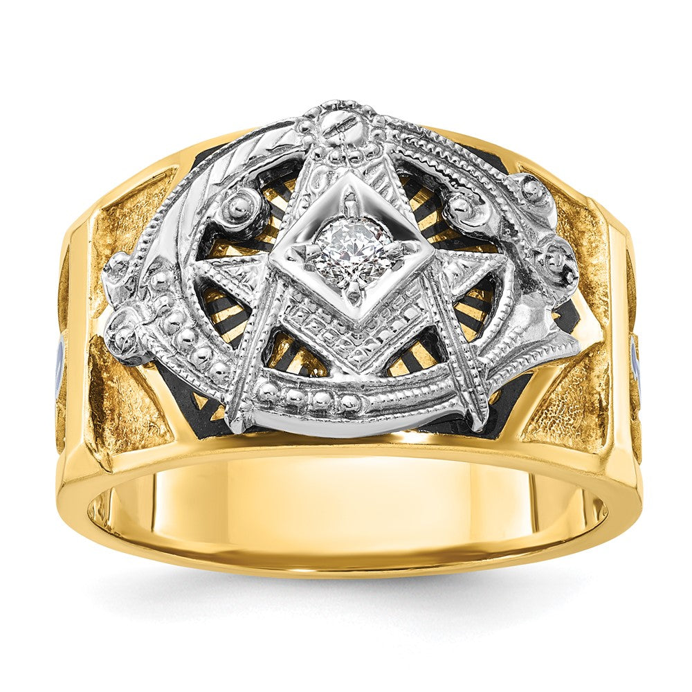 14k Two-tone Men's Polished and Textured with Blue and Black Enamel Diamond Blue Lodge Master Masonic Ring
