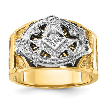 14k Two-tone Men's Polished and Textured with Blue and Black Enamel Diamond Blue Lodge Master Masonic Ring