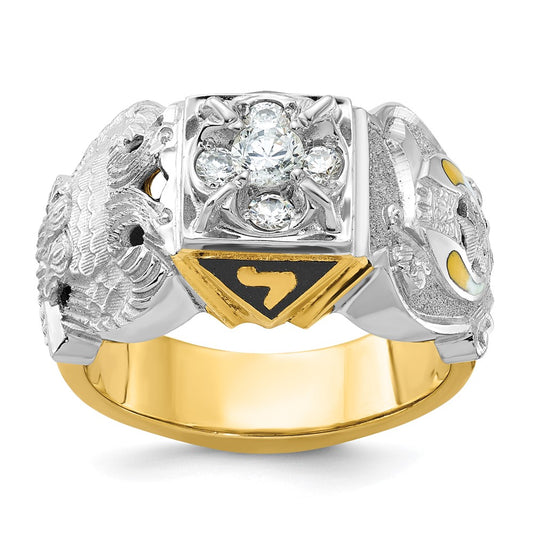 10k Two-tone Men's Polished and Textured with Multi-color Enamel and Diamond Double Eagle Masonic Shriner's Ring