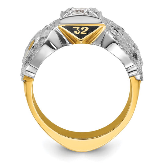 14k Two-tone Men's Polished and Textured with Black Enamel and Diamond Double Eagle Masonic Shriner's Ring