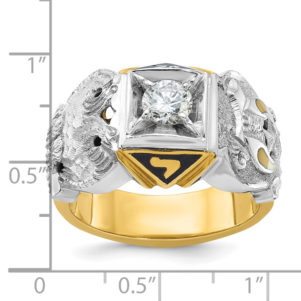 14k Two-tone Men's Polished and Textured with Black Enamel and Diamond Double Eagle Masonic Shriner's Ring