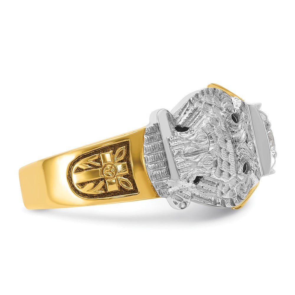 14k Two-tone Men's Polished and Textured with Black Enamel and Diamond Double Eagle Masonic Shriner's Ring