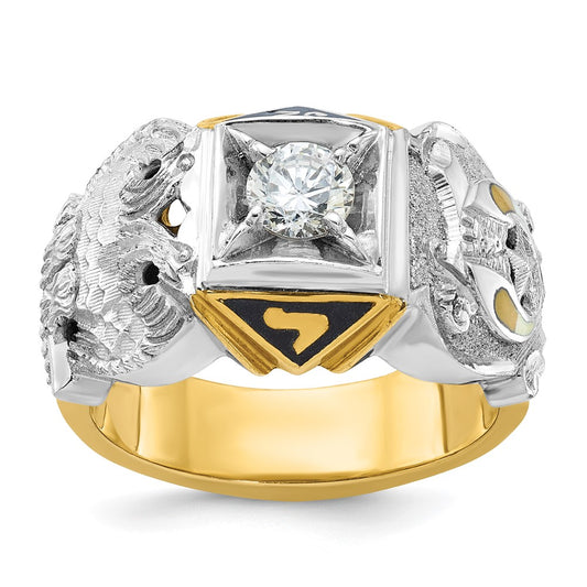 14k Two-tone Men's Polished and Textured with Black Enamel and Diamond Double Eagle Masonic Shriner's Ring