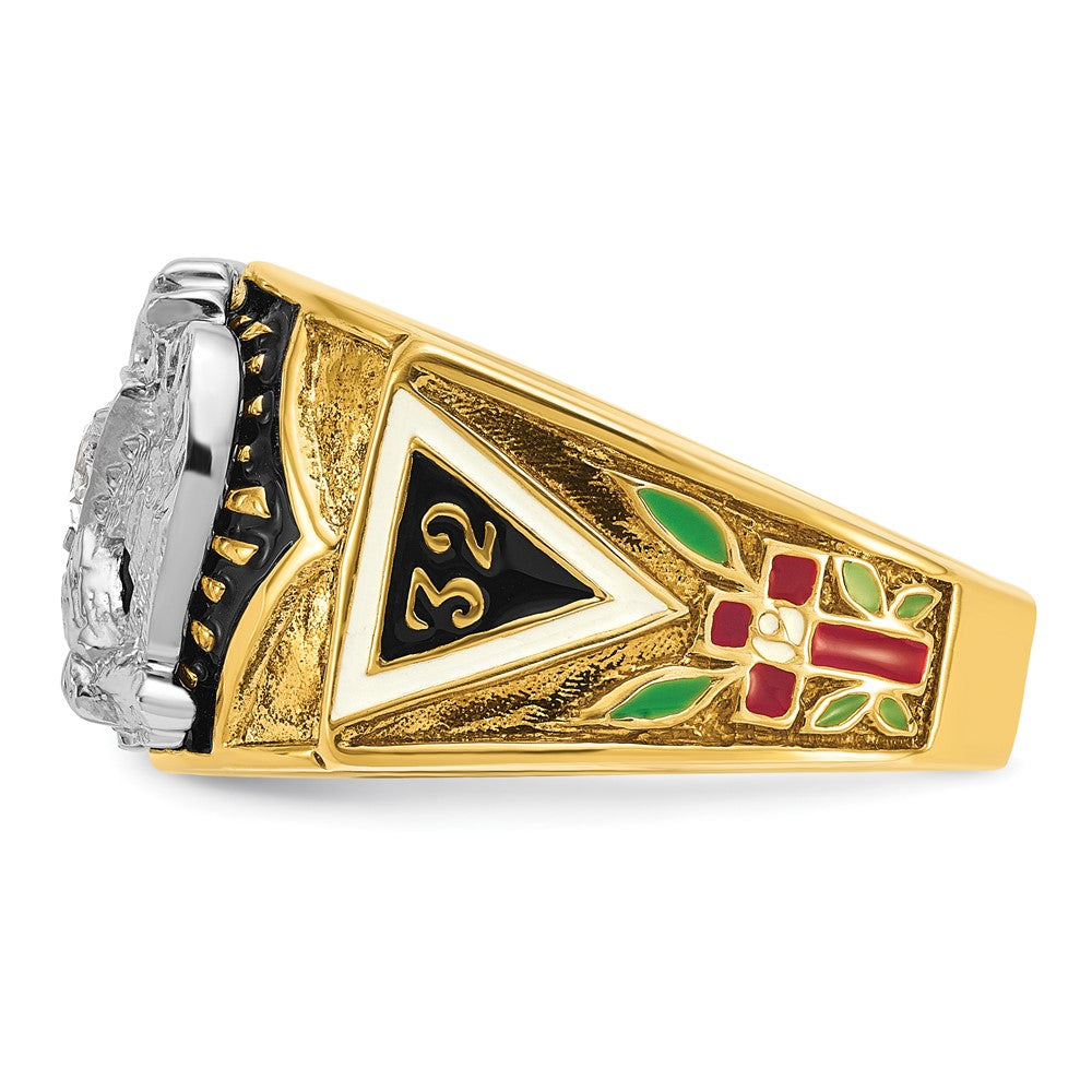 14k Two-tone Men's Polished and Textured with Multi-color Enamel and Diamond 32nd Degree Scottish Rite Masonic Ring