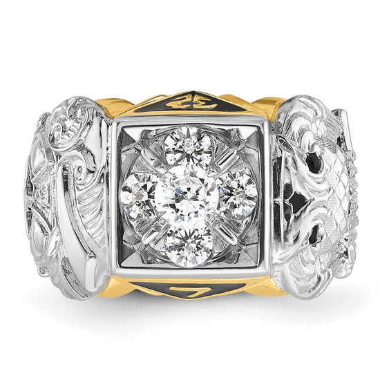14k Two-tone Men's Polished and Textured with Black Enamel and Diamond Double Eagle Masonic Shriner's Ring