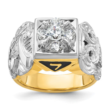 14k Two-tone Men's Polished and Textured with Black Enamel and Diamond Double Eagle Masonic Shriner's Ring