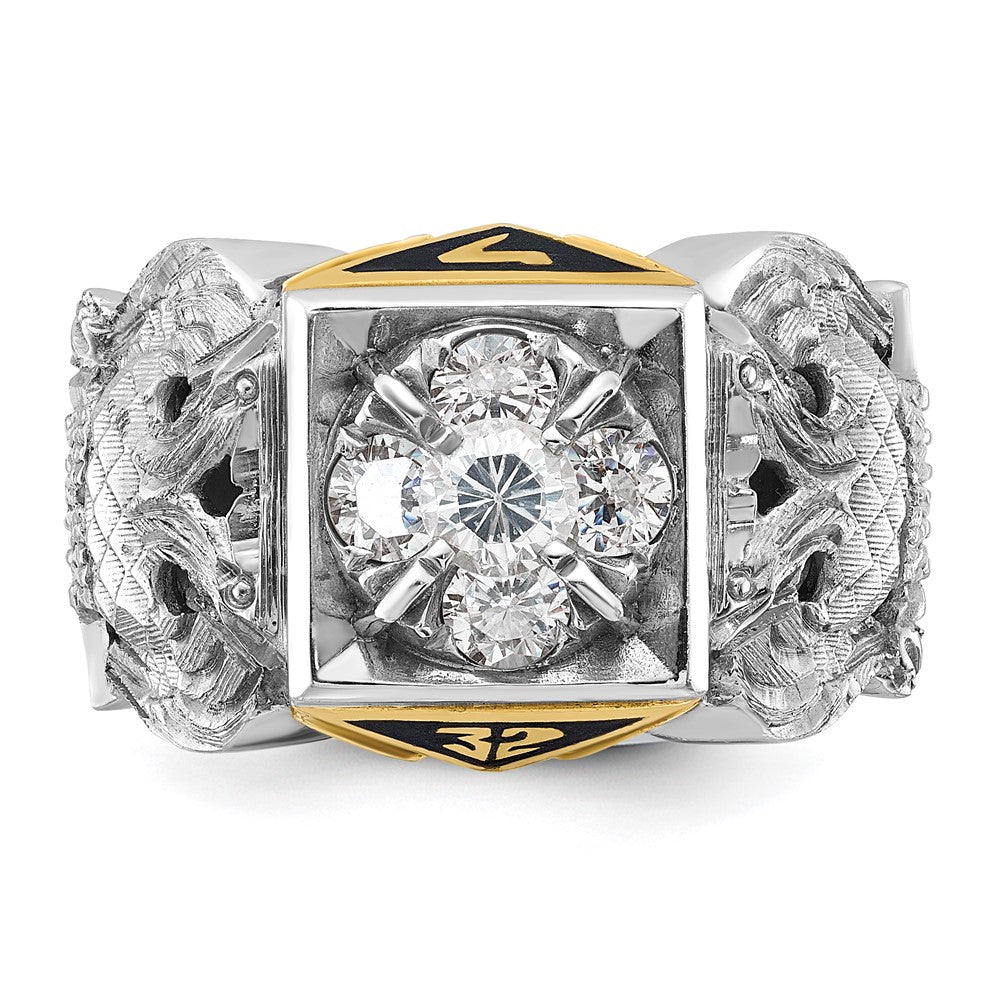 14k Two-tone Men's Polished and Textured with Black Enamel and Diamond 32nd Degree Scottish Rite Masonic Ring