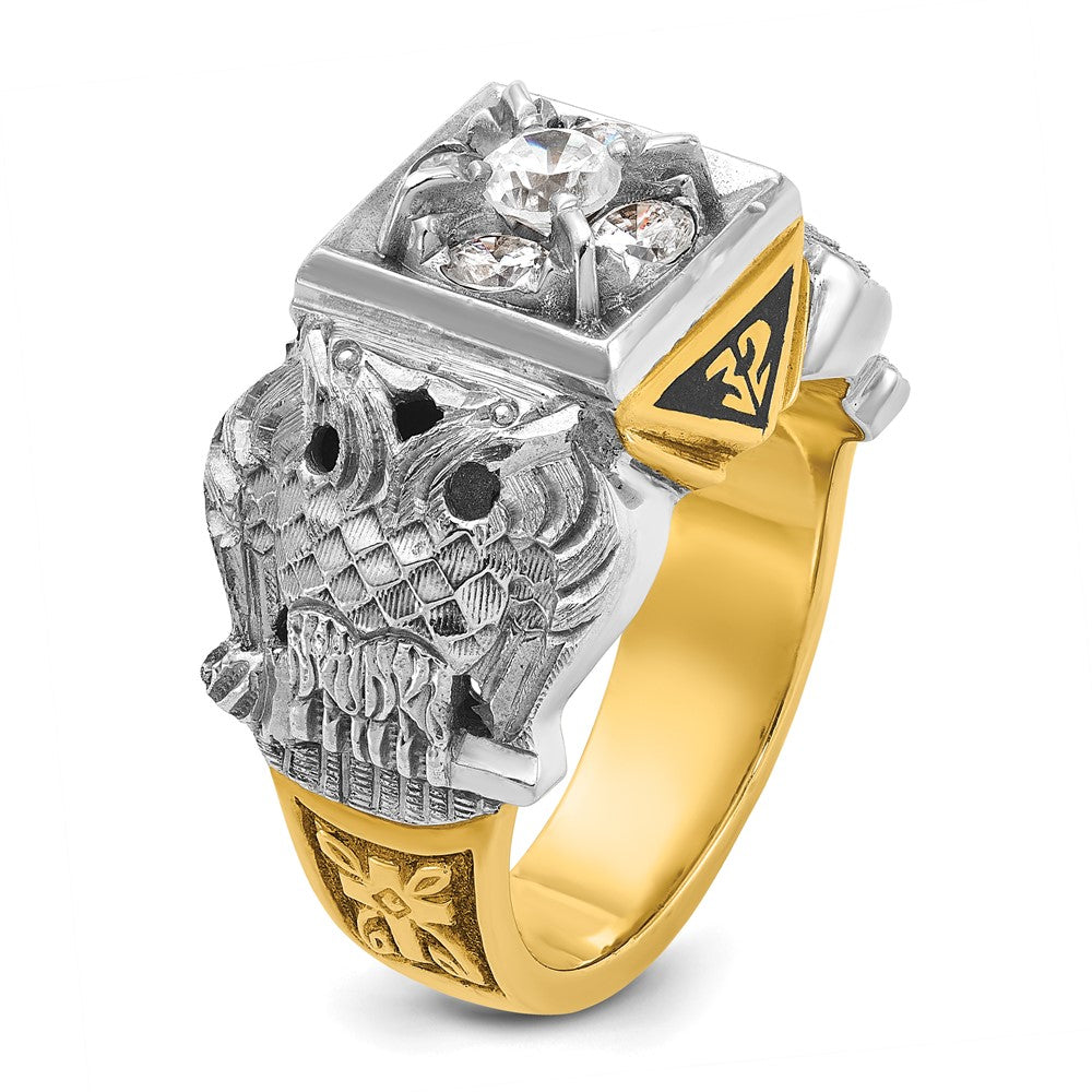 14k Two-tone Men's Polished and Textured with Black Enamel and Diamond 32nd Degree Scottish Rite Masonic Ring
