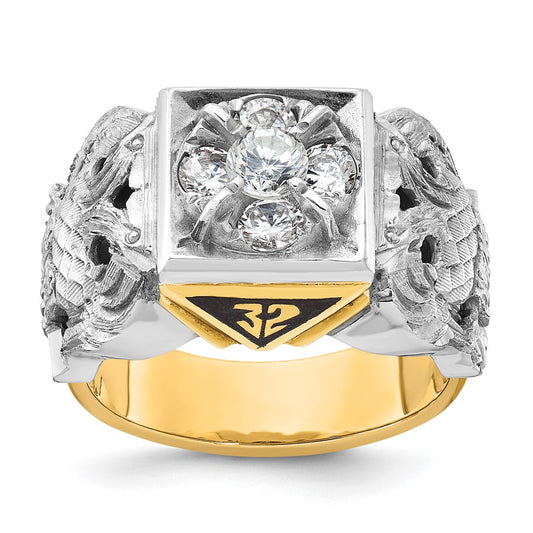 14k Two-tone Men's Polished and Textured with Black Enamel and Diamond 32nd Degree Scottish Rite Masonic Ring