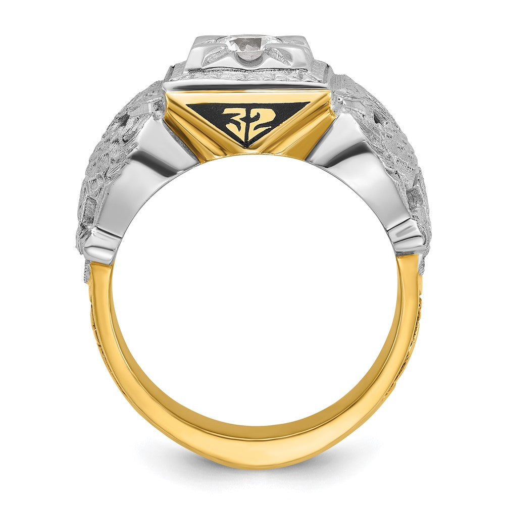14k Two-tone Men's Polished and Textured with Black Enamel and Diamond 32nd Degree Scottish Rite Masonic Ring